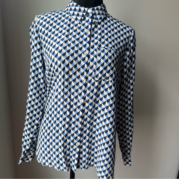 Women’s Geometric Blue and White Button-Up Silk Dress Shirt - Picture 2 of 13